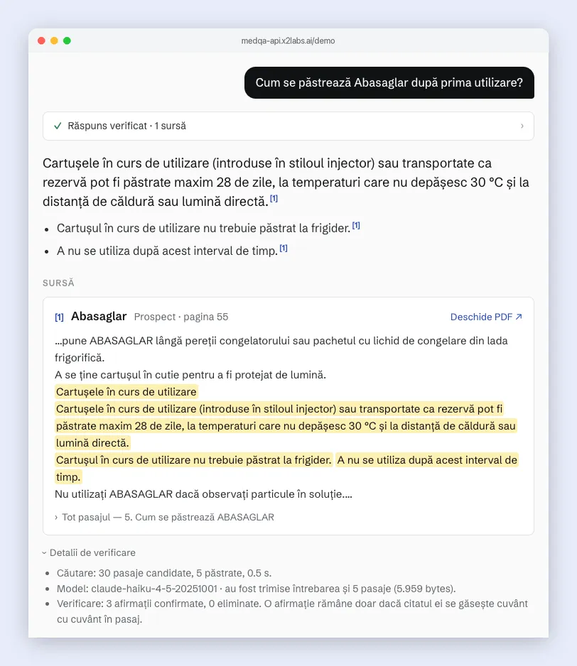 A screenshot of the chat answering “Cum se păstrează Abasaglar după prima utilizare?” with three verified sentences, the Abasaglar leaflet passage they came from with each quote highlighted, and the verification details below: 30 candidate passages, 5 kept, 3 claims confirmed, 0 removed