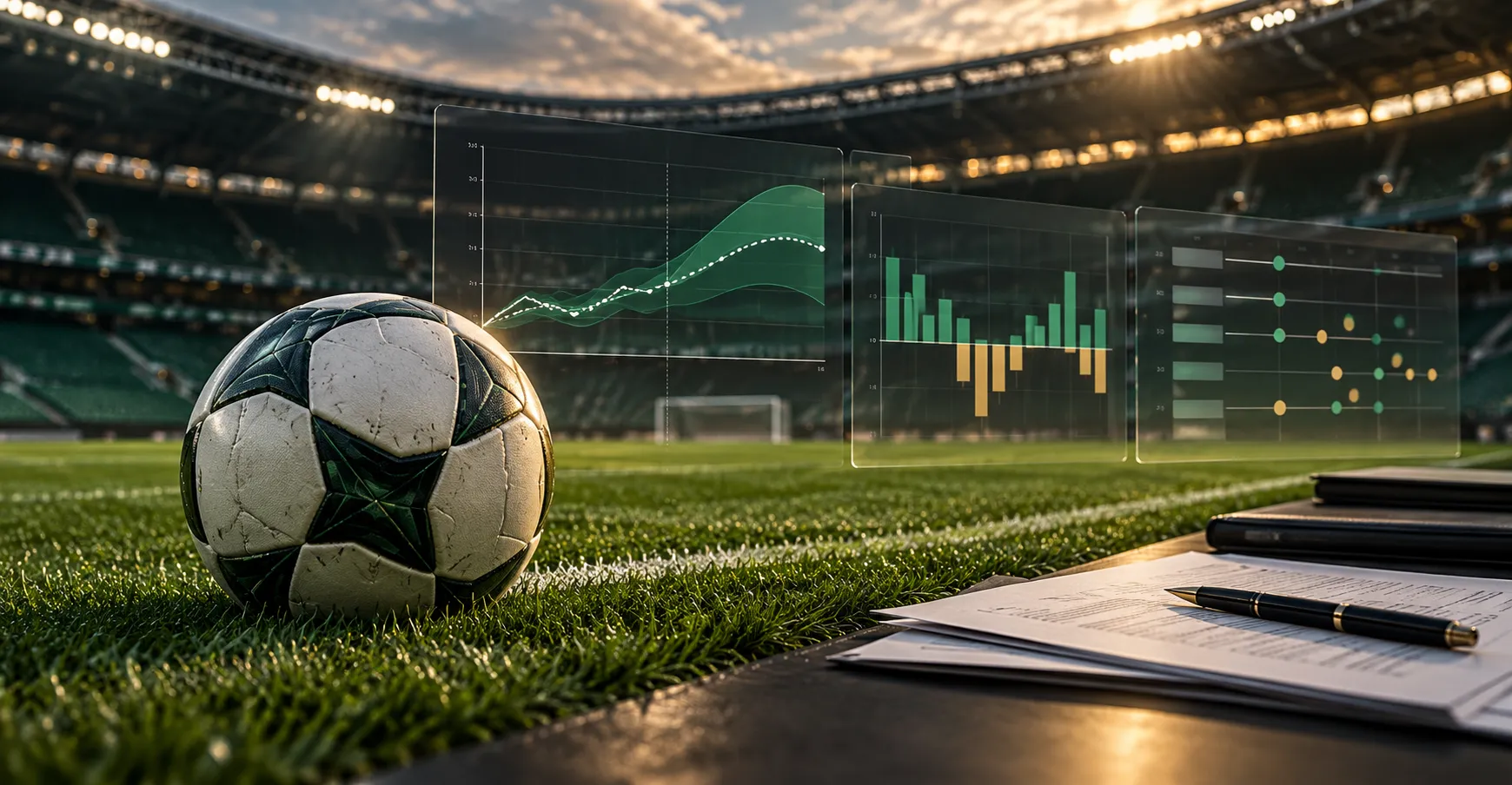 Illustration of a football on a stadium pitch at sunset, with glowing line, bar and dot charts floating above it and contract papers with a pen on a desk in the foreground
