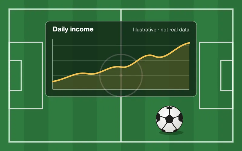 A football pitch with a ball and an illustrative daily income line chart, labelled as not real data; the line redraws from left to right.